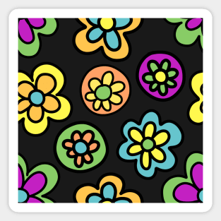 Colorful 70’s Style Flower Cartoon Pattern (in green, orange, yellow, blue,and magenta) on a Black Backdrop, made by EndlessEmporium Sticker